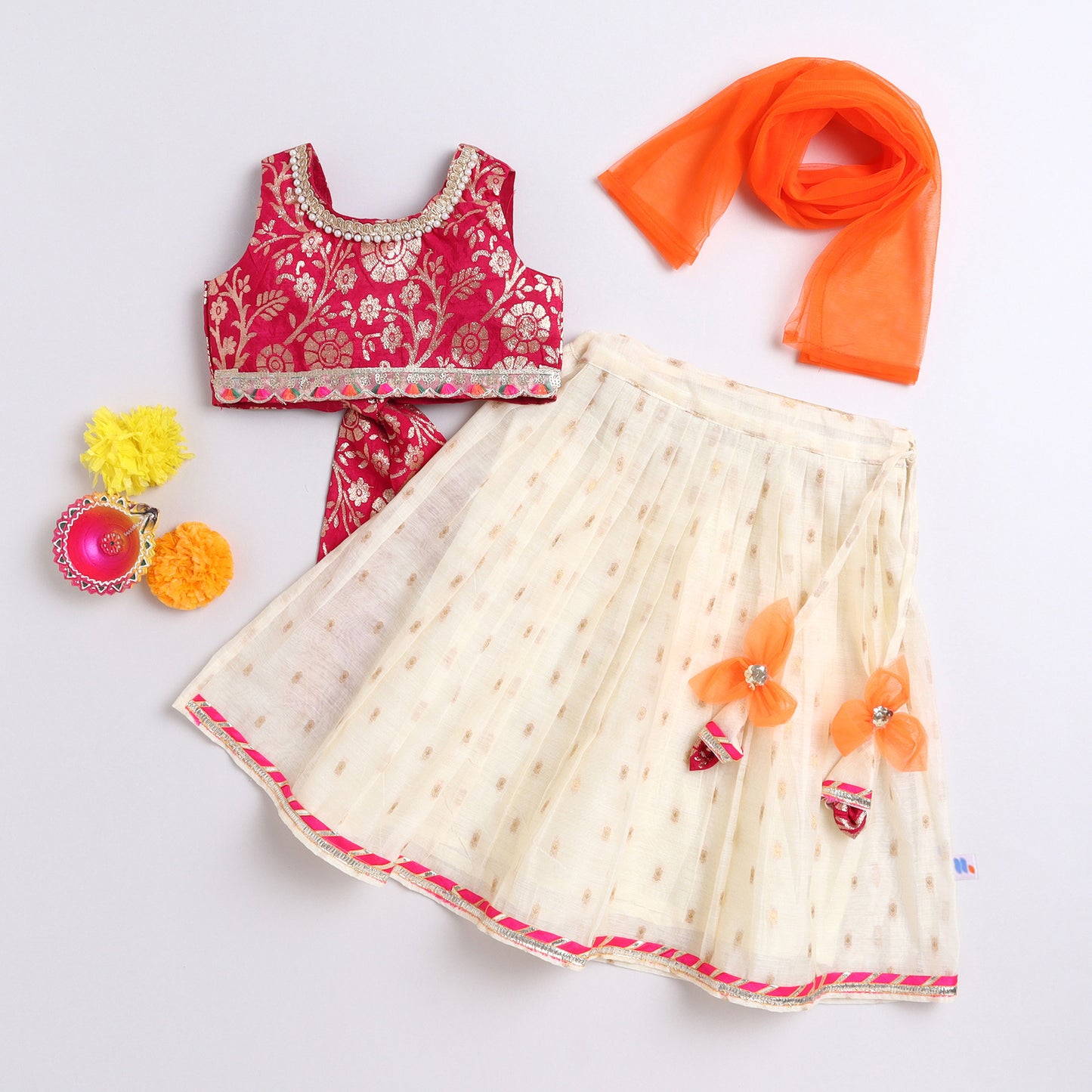 Many Frocks & Brocade  & Chanderi sleeveless lace and latkan embellished lehenga choli dupatta  set- Pink & Cream