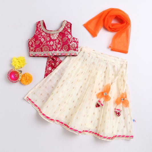 Many Frocks & Brocade  & Chanderi sleeveless lace and latkan embellished lehenga choli dupatta  set- Pink & Cream