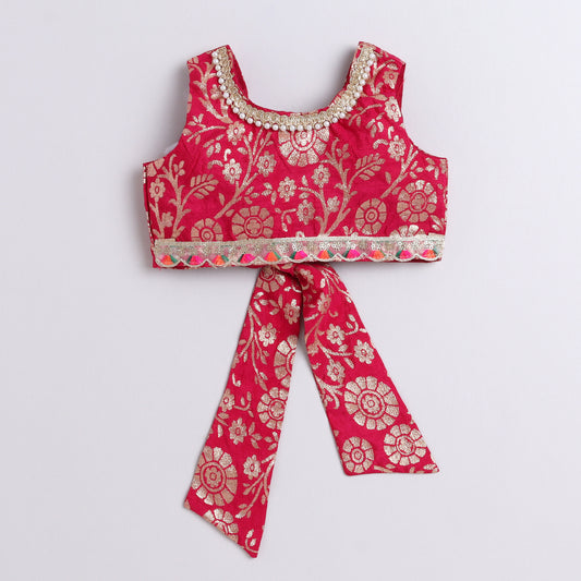 Many Frocks & Brocade & Chanderi sleeveless lace and latkan embellished lehenga choli dupatta set- Pink & Cream