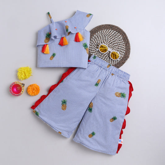 Many Frocks & cotton sleeveless one shoulder latkan & beads embellished top and palazzo set - Blue