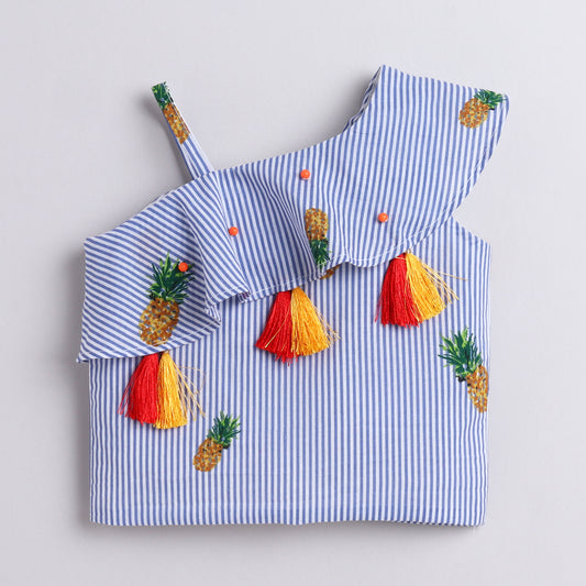 Many Frocks & cotton sleeveless one shoulder latkan & beads embellished top and plazzo set - Blue