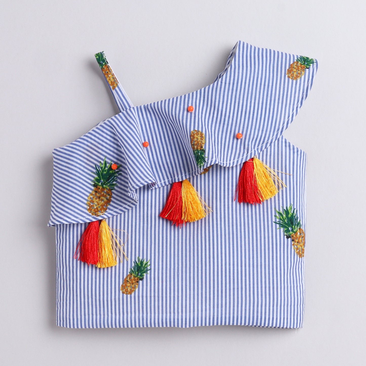 Many Frocks & cotton sleeveless one shoulder latkan & beads embellished top and palazzo set - Blue