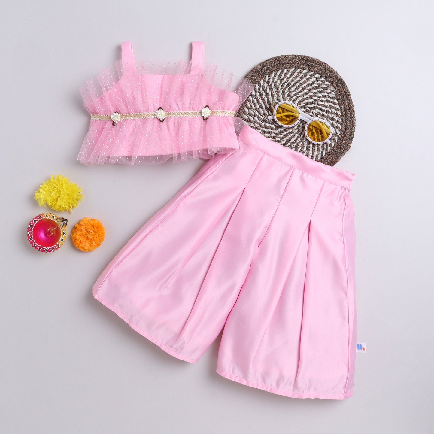 Many Frocks & satin sleeveless lace and flower embellished Top & Plazzo set- pink