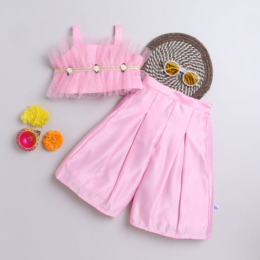 Many Frocks & satin sleeveless lace and flower embellished Top & Plazzo set- pink
