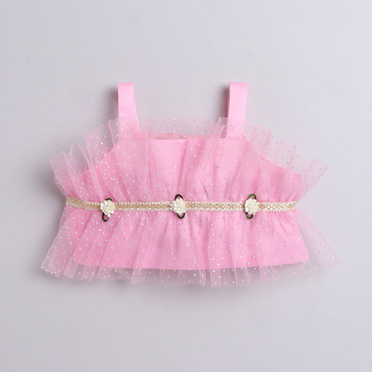 Many Frocks & satin sleeveless lace and flower embellished Top & Palazzo set- pink