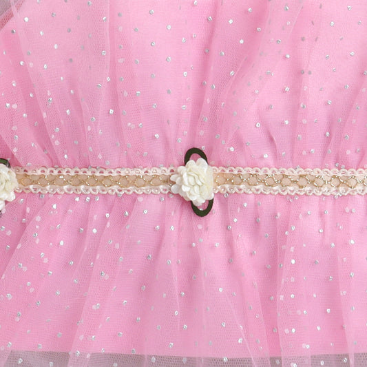 Many Frocks & satin sleeveless lace and flower embellished Top & Plazzo set- pink