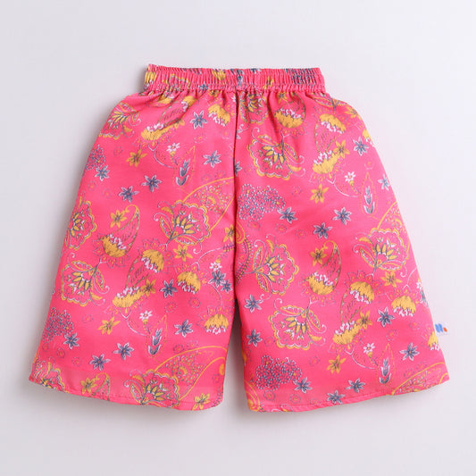 Many Frocks & satin sleeveless cutwork detailing top and floral printed palazzo ethnic set- pink & green