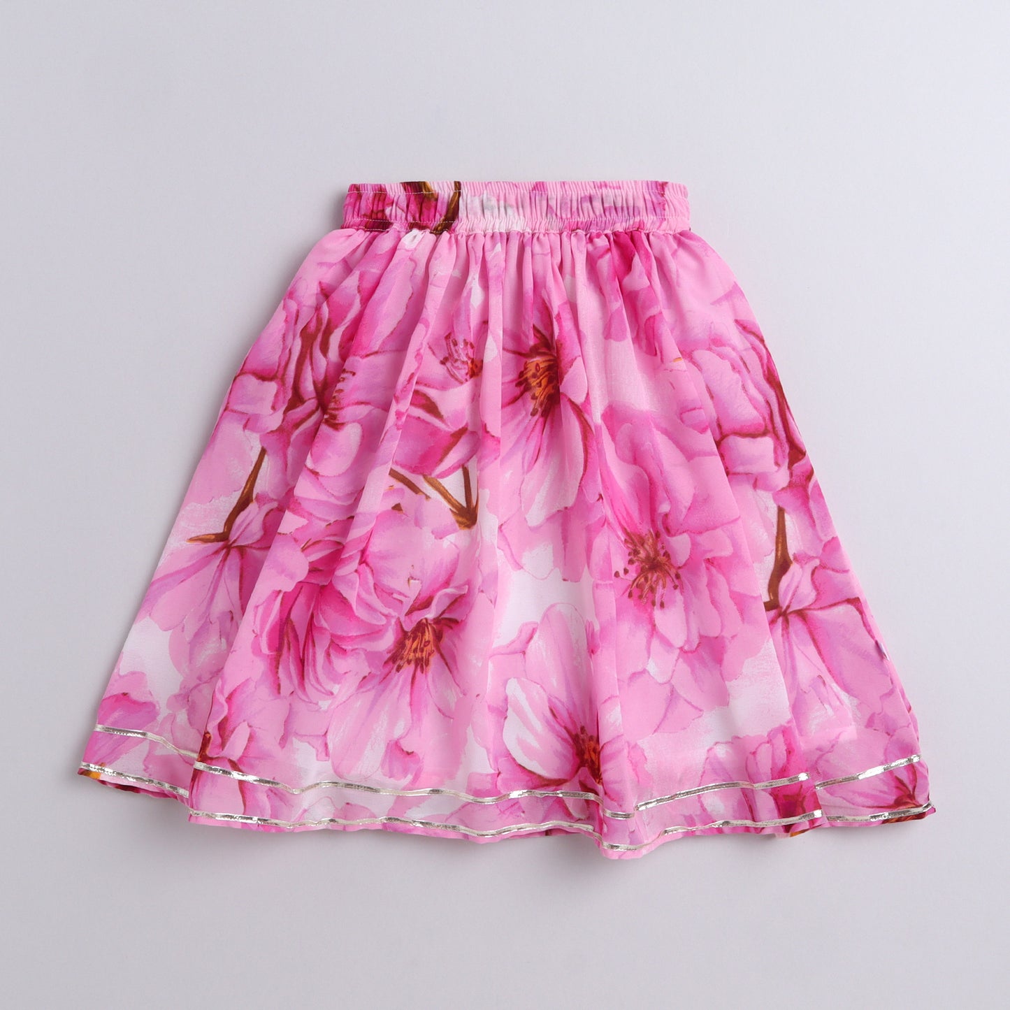 Many Frocks & georgette floral sleeveless 3D flower embellished lehenga choli dupatta set- pink