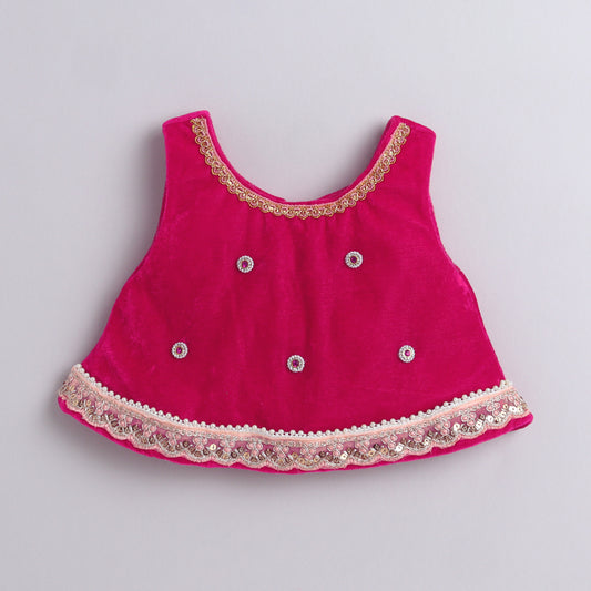 Many Frocks & velvet and net sleeveless lace and latkan beads embellished lehenga choli dupatta set- Pink & Yellow