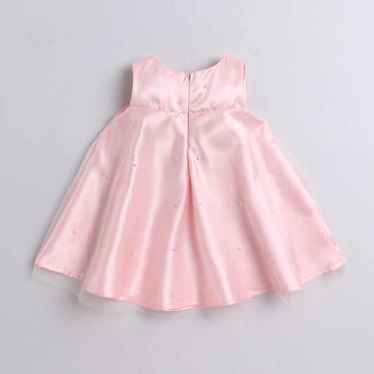 Many Frocks & satin and net sleeveless big bow embellished baby party  dress  mittens  booties and headband  - Pink