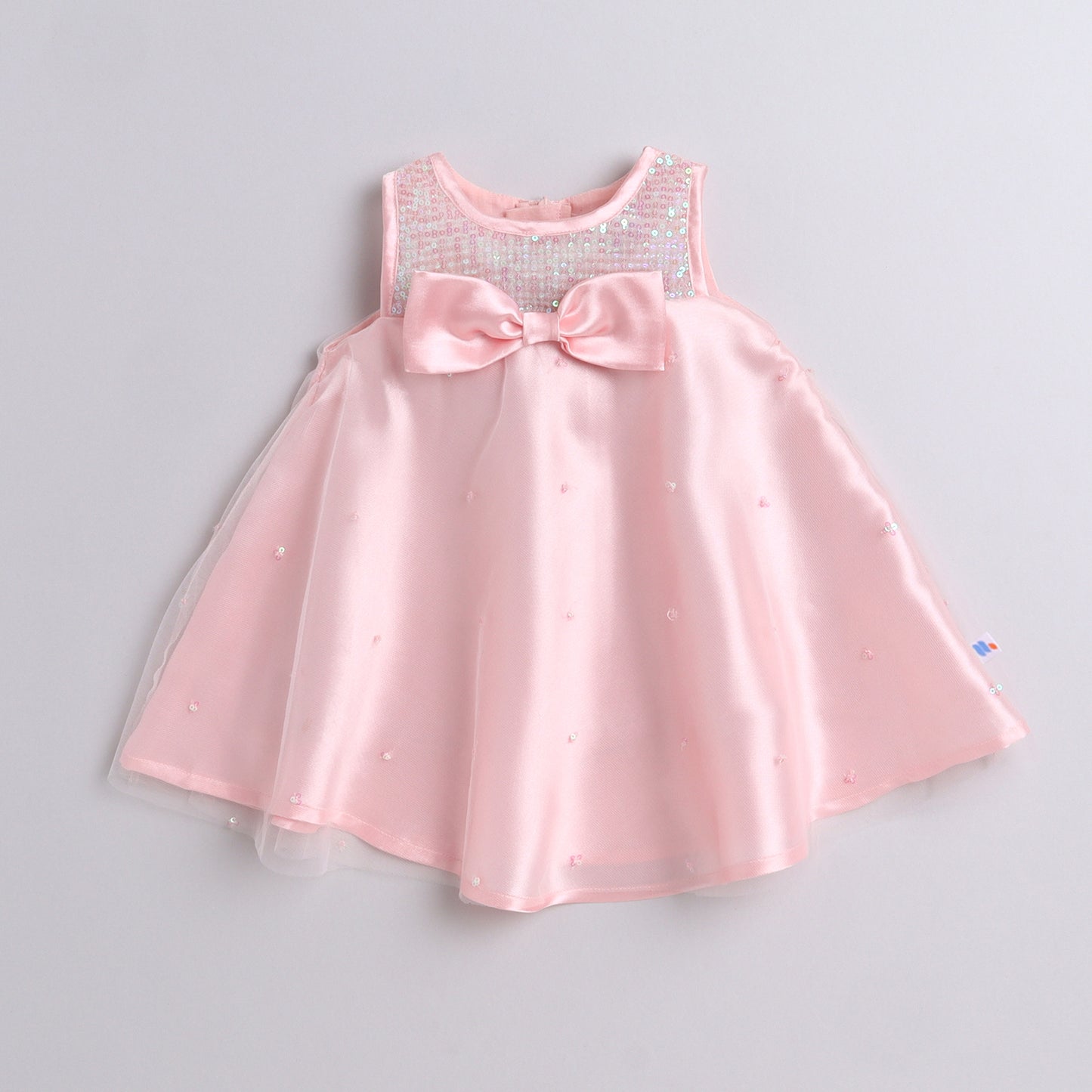 Many Frocks & satin and net sleeveless big bow embellished baby party  dress  mittens  booties and headband  - Pink