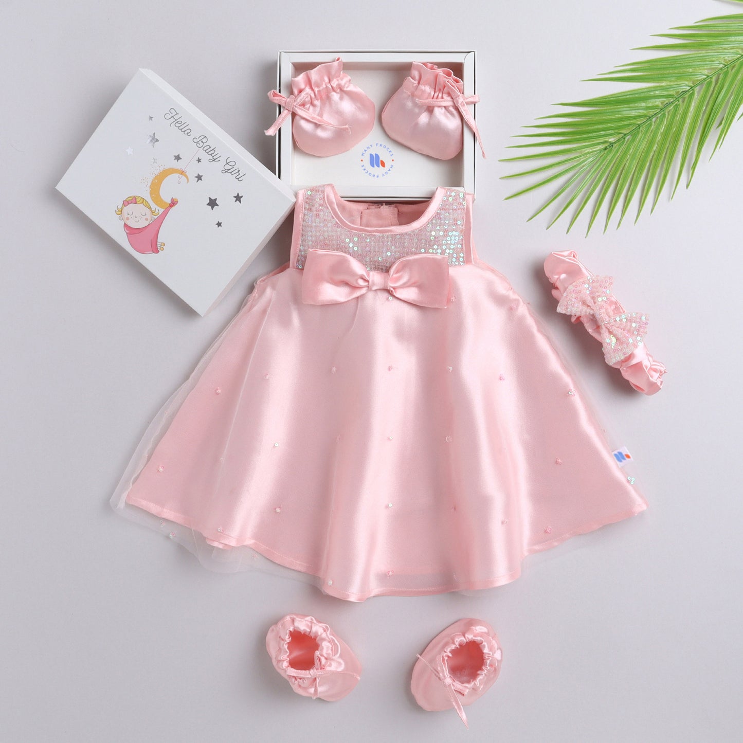 Many Frocks & satin and net sleeveless big bow embellished baby party  dress  mittens  booties and headband  - Pink