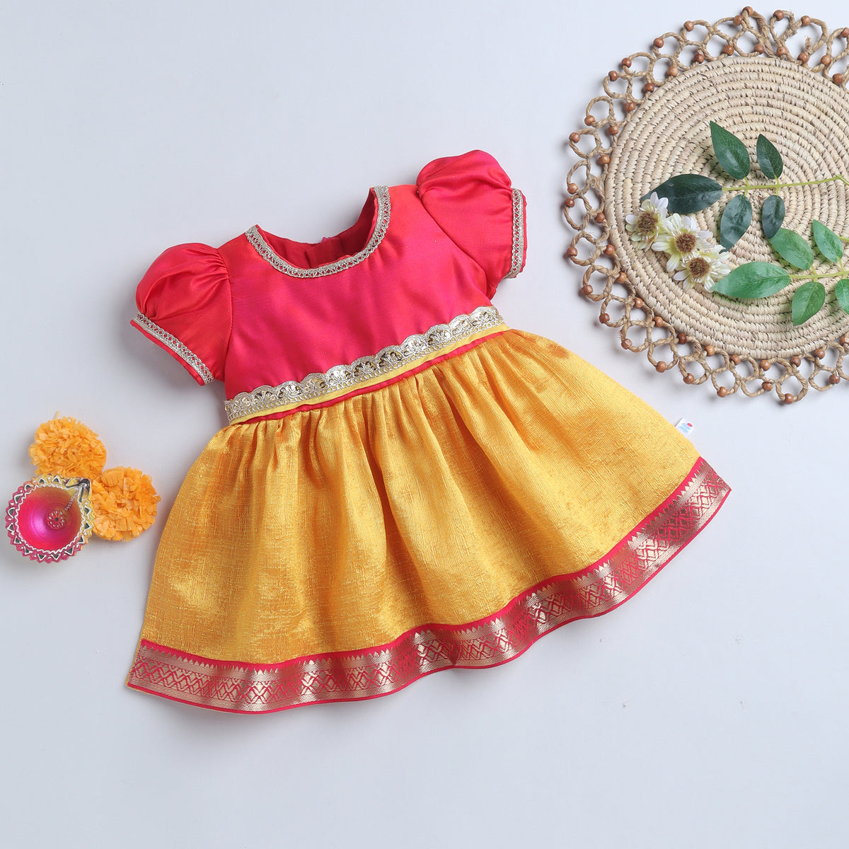 Many Frocks & Poly Silk Body Puff Sleeves Double Lace Embellished Knee Length Ethnic Dress- Mustard & Pink
