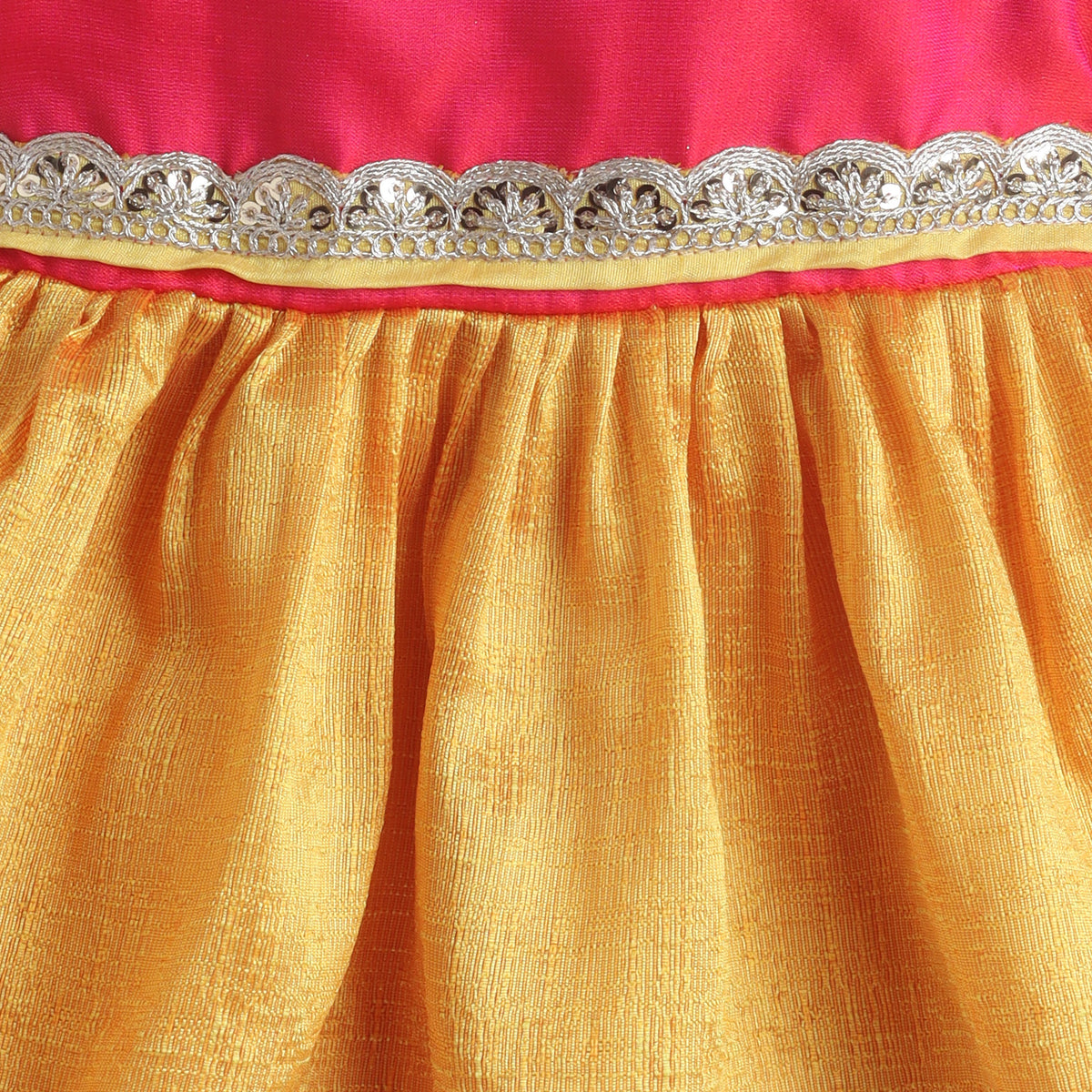 Many Frocks & Poly Silk Body Puff Sleeves Double Lace Embellished Knee Length Ethnic Dress- Mustard & Pink