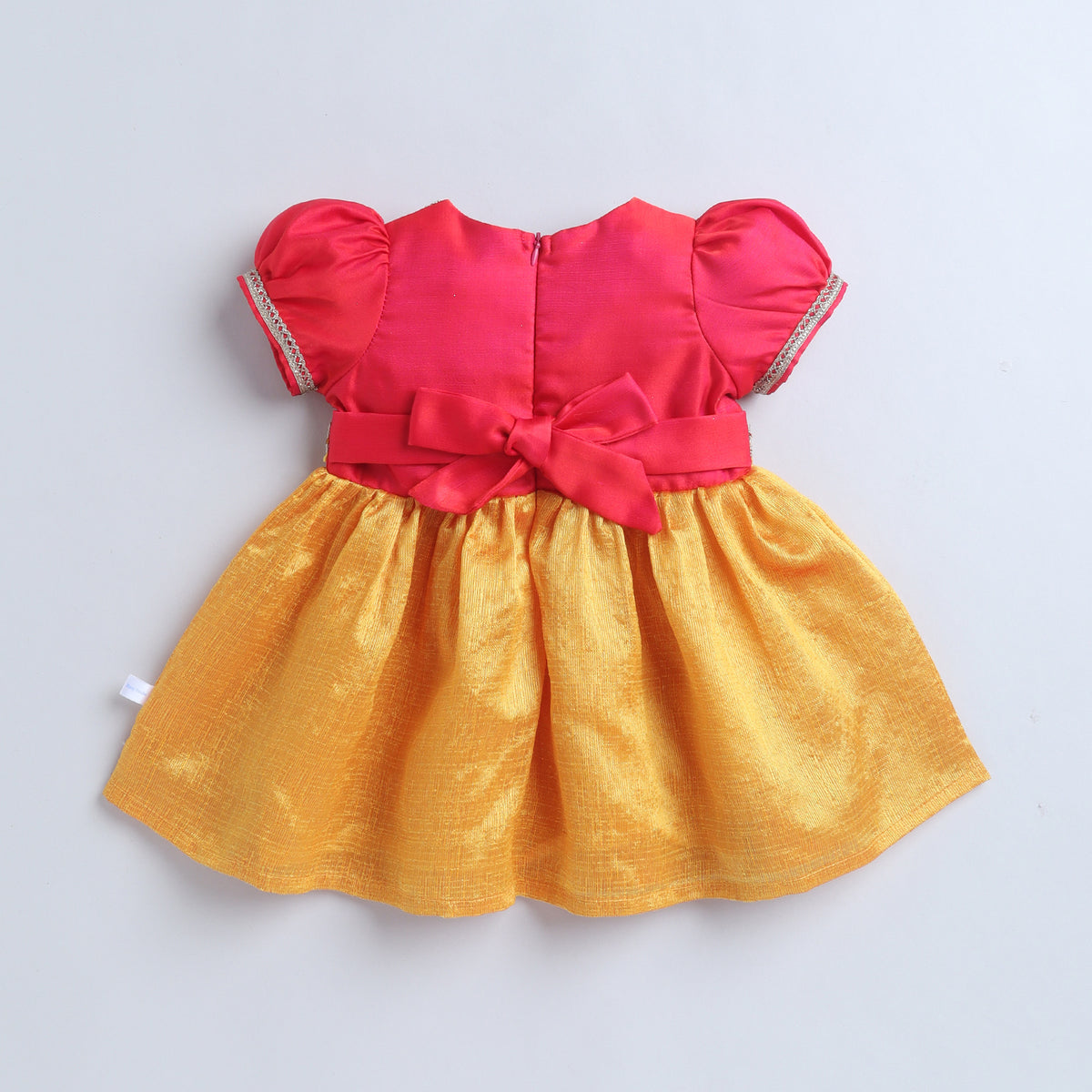 Many Frocks & Poly Silk Body Puff Sleeves Double Lace Embellished Knee Length Ethnic Dress- Mustard & Pink