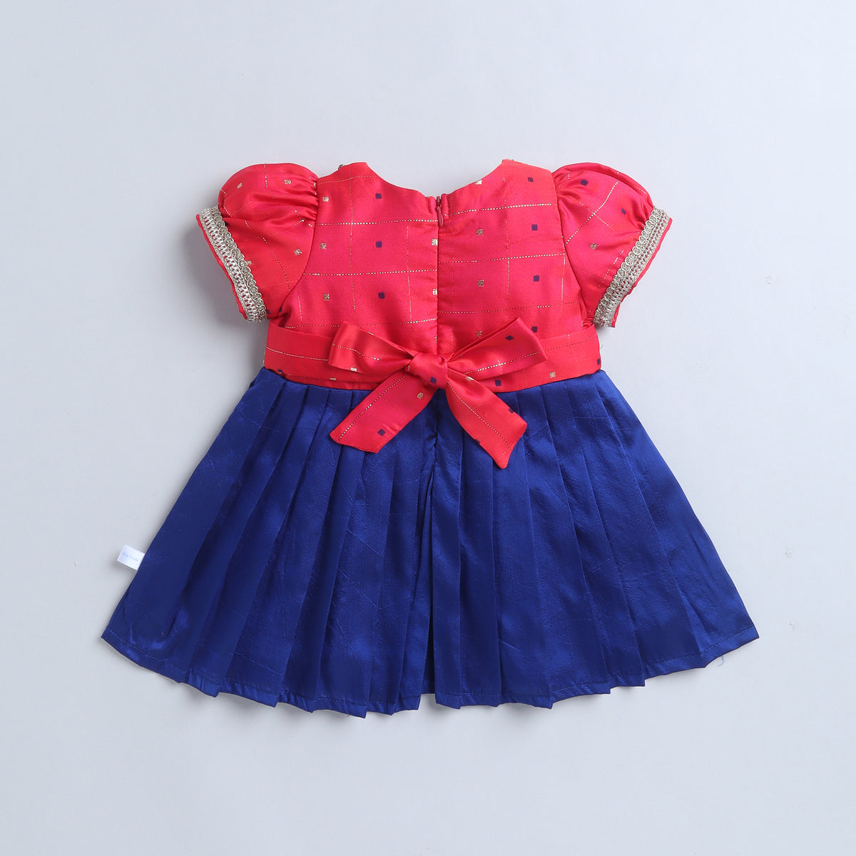 Many Frocks & Poly Silk Puff Sleeves  Woven Boti Lace Embellished Knee Length Ethnic Dress- Blue & Pink