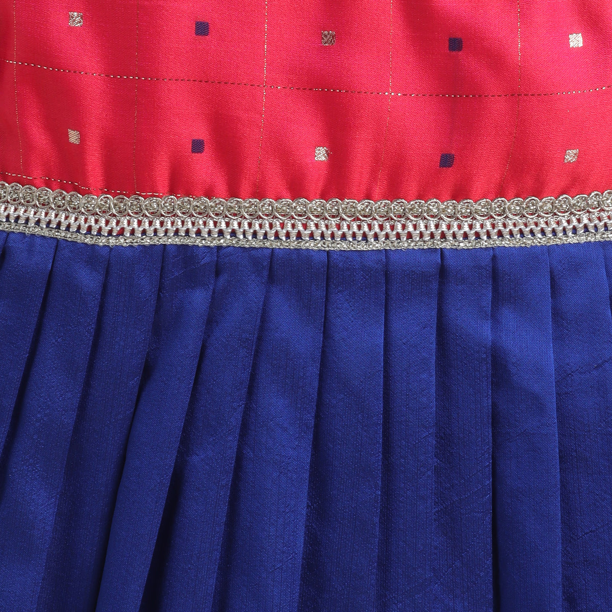 Many Frocks & Poly Silk Puff Sleeves  Woven Boti Lace Embellished Knee Length Ethnic Dress- Blue & Pink