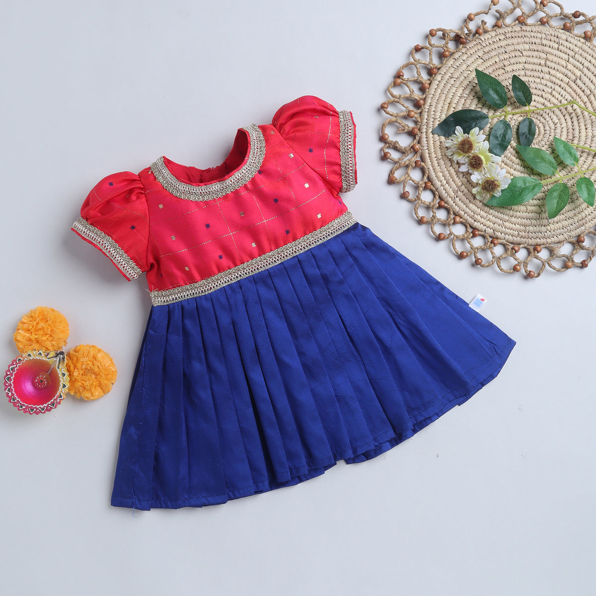 Many Frocks & Poly Silk Puff Sleeves  Woven Boti Lace Embellished Knee Length Ethnic Dress- Blue & Pink