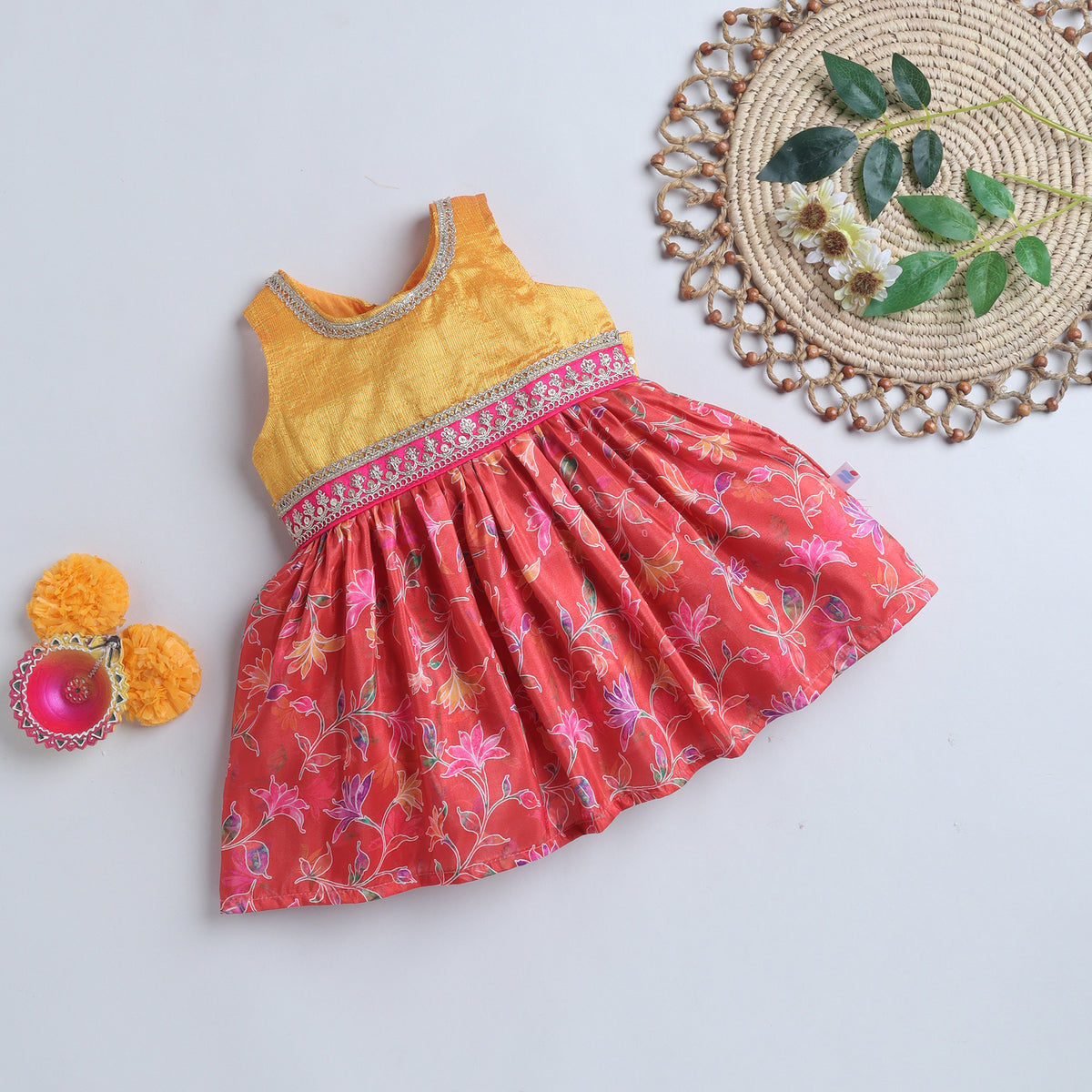 Many Frocks & Poly Silk Sleeveless Floral Printed  Lace Embellished Knee Length Ethnic Dress- Red & Mustard
