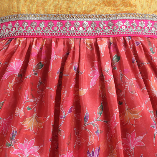 Many Frocks & Poly Silk Sleeveless Floral Printed Lace Embellished Knee Length Ethnic Dress- Red & Mustard
