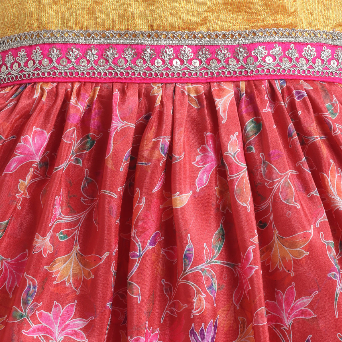 Many Frocks & Poly Silk Sleeveless Floral Printed  Lace Embellished Knee Length Ethnic Dress- Red & Mustard