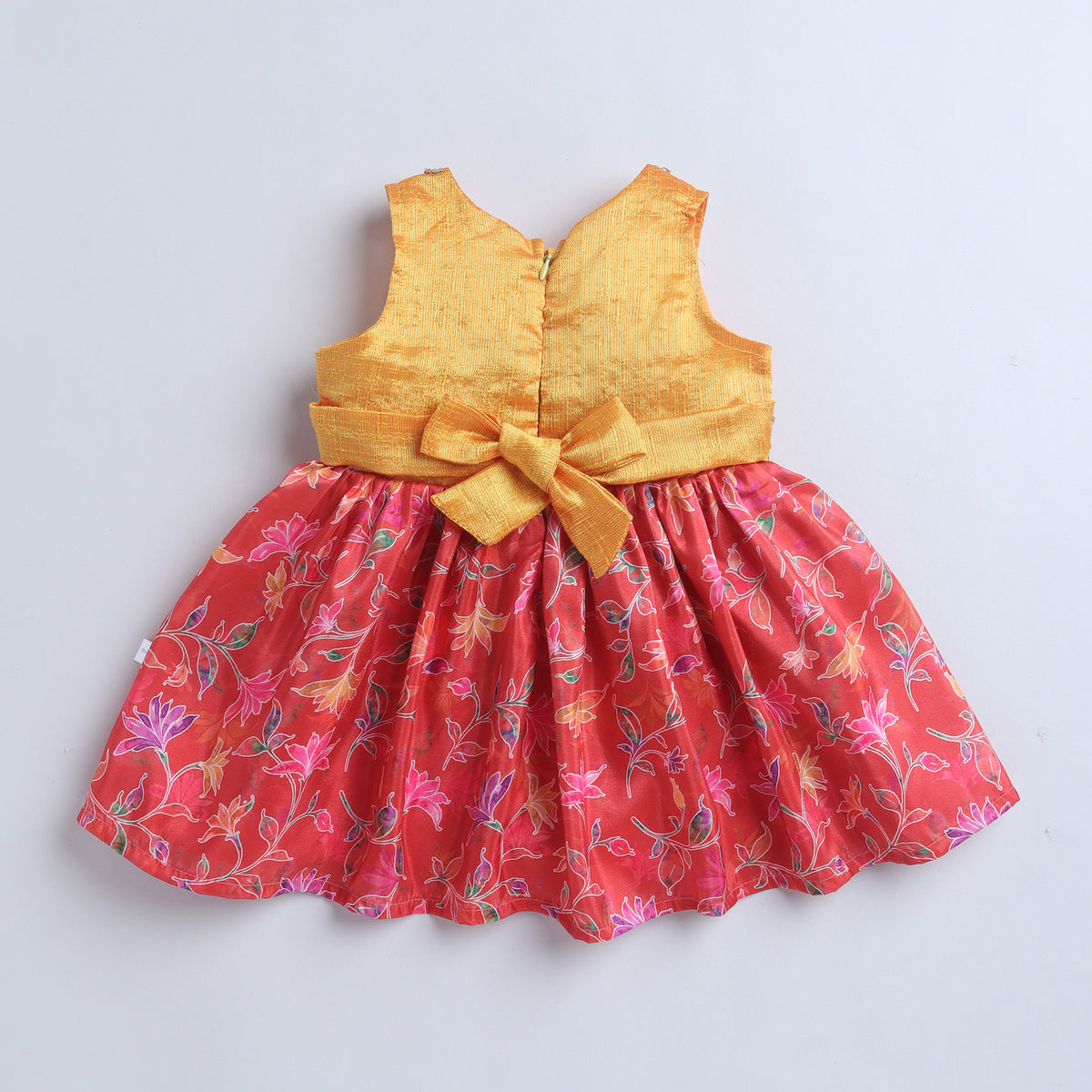 Many Frocks & Poly Silk Sleeveless Floral Printed  Lace Embellished Knee Length Ethnic Dress- Red & Mustard