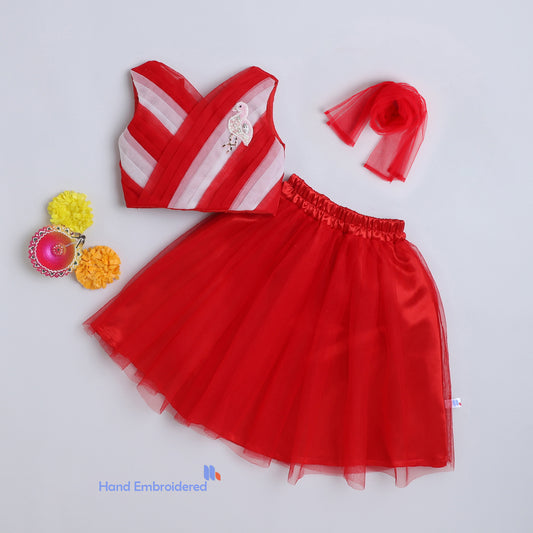 Many Frocks & Net Satin Sleeveless Pleated Lehenga and Choli Dupatta with Flamingo handwork patch -Red