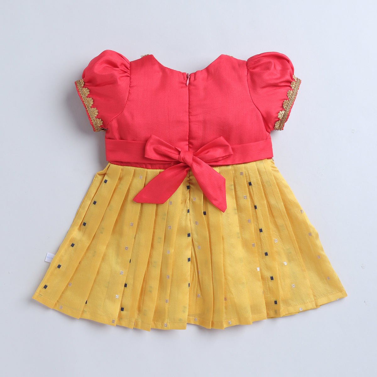 Many Frocks & Puff Sleeves  Woven Boti Lace Embellished Knee Length Ethnic Dress- Yellow & Pink