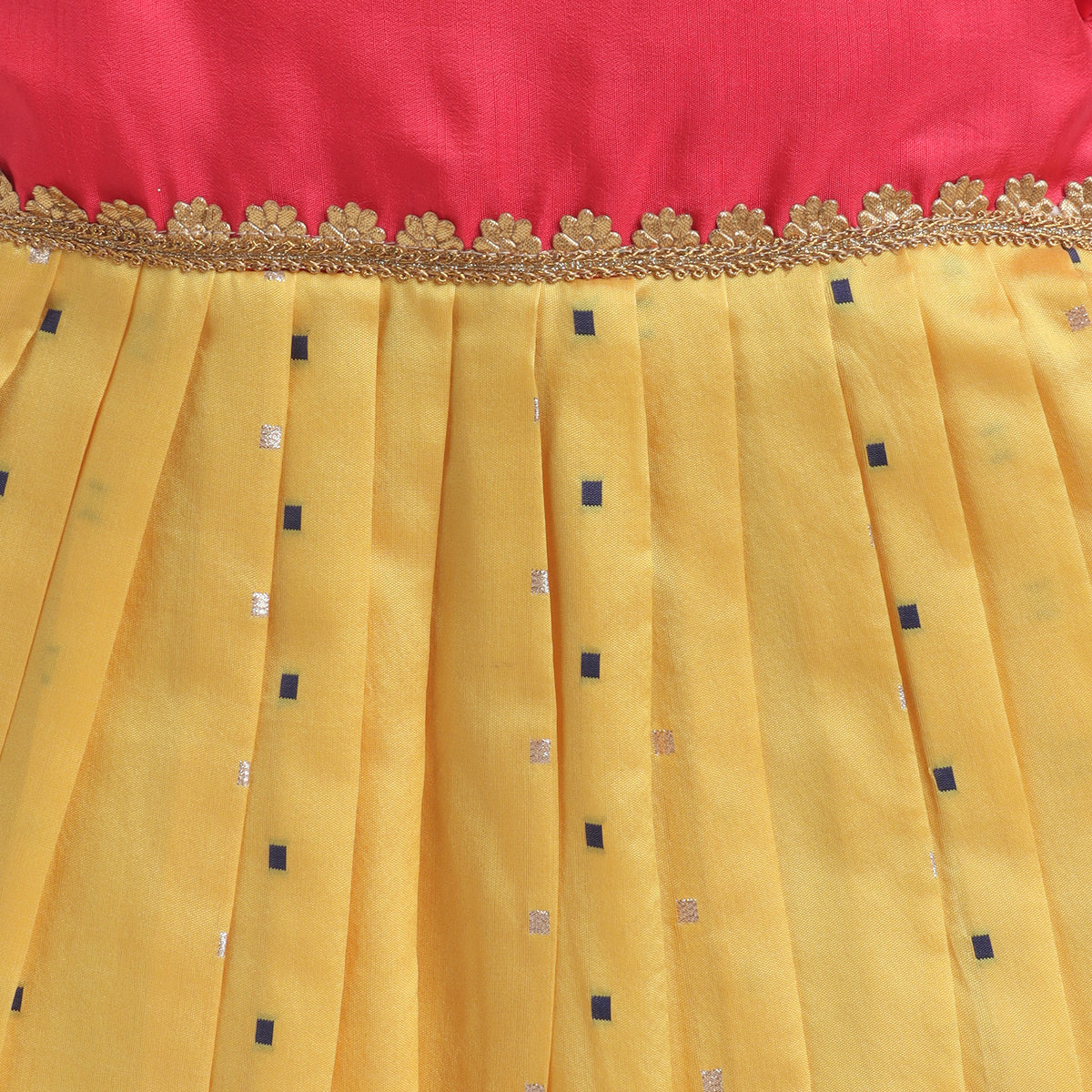 Many Frocks & Puff Sleeves  Woven Boti Lace Embellished Knee Length Ethnic Dress- Yellow & Pink