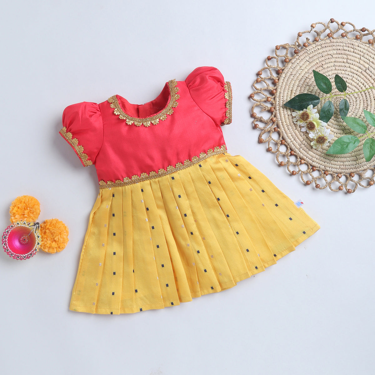 Many Frocks & Puff Sleeves  Woven Boti Lace Embellished Knee Length Ethnic Dress- Yellow & Pink