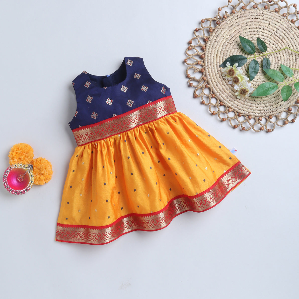 Many Frocks & Poly Silk Sleeveless Woven Boti Double Lace Embellished Knee Length Ethnic Dress- Mustard & Blue