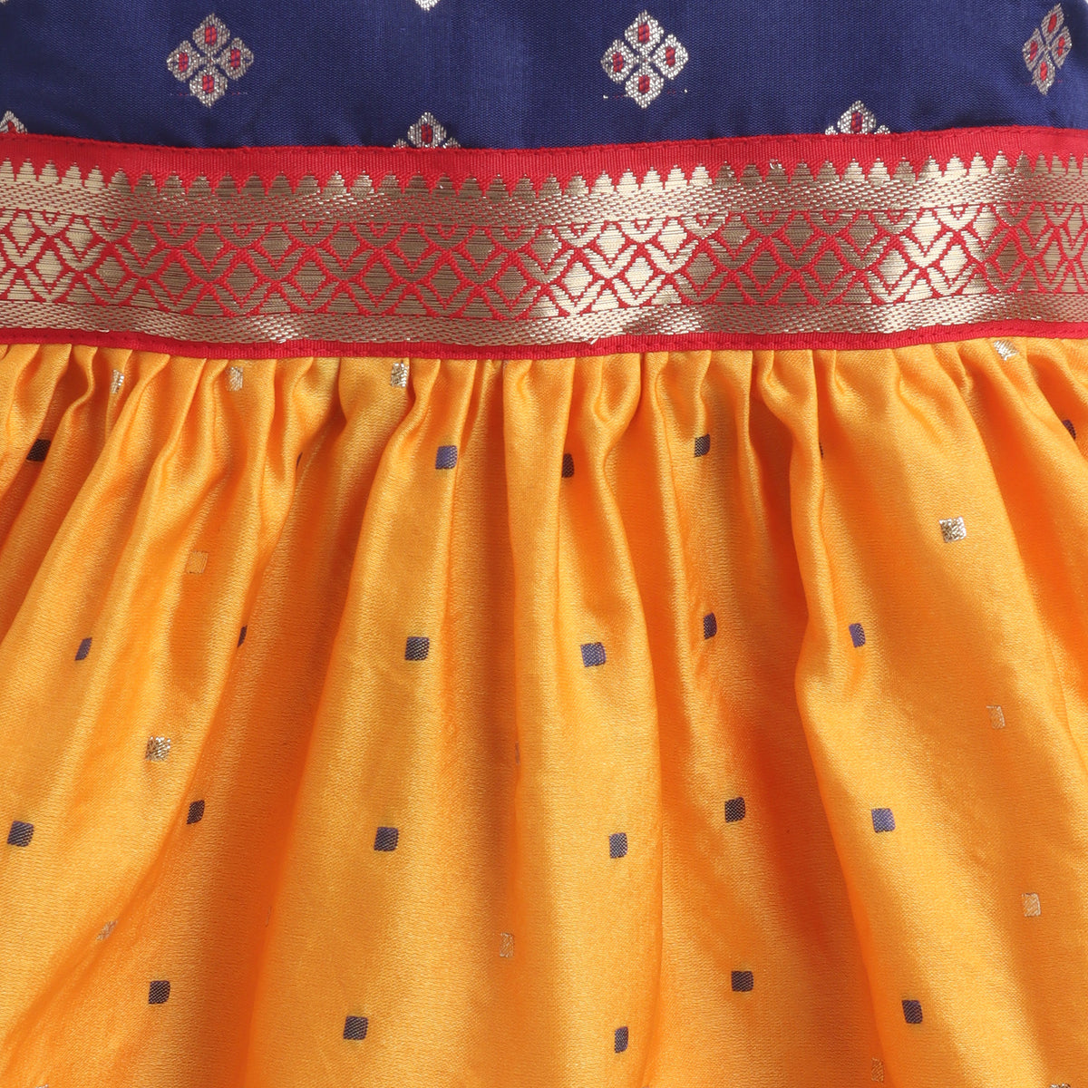 Many Frocks & Poly Silk Sleeveless Woven Boti Double Lace Embellished Knee Length Ethnic Dress- Mustard & Blue