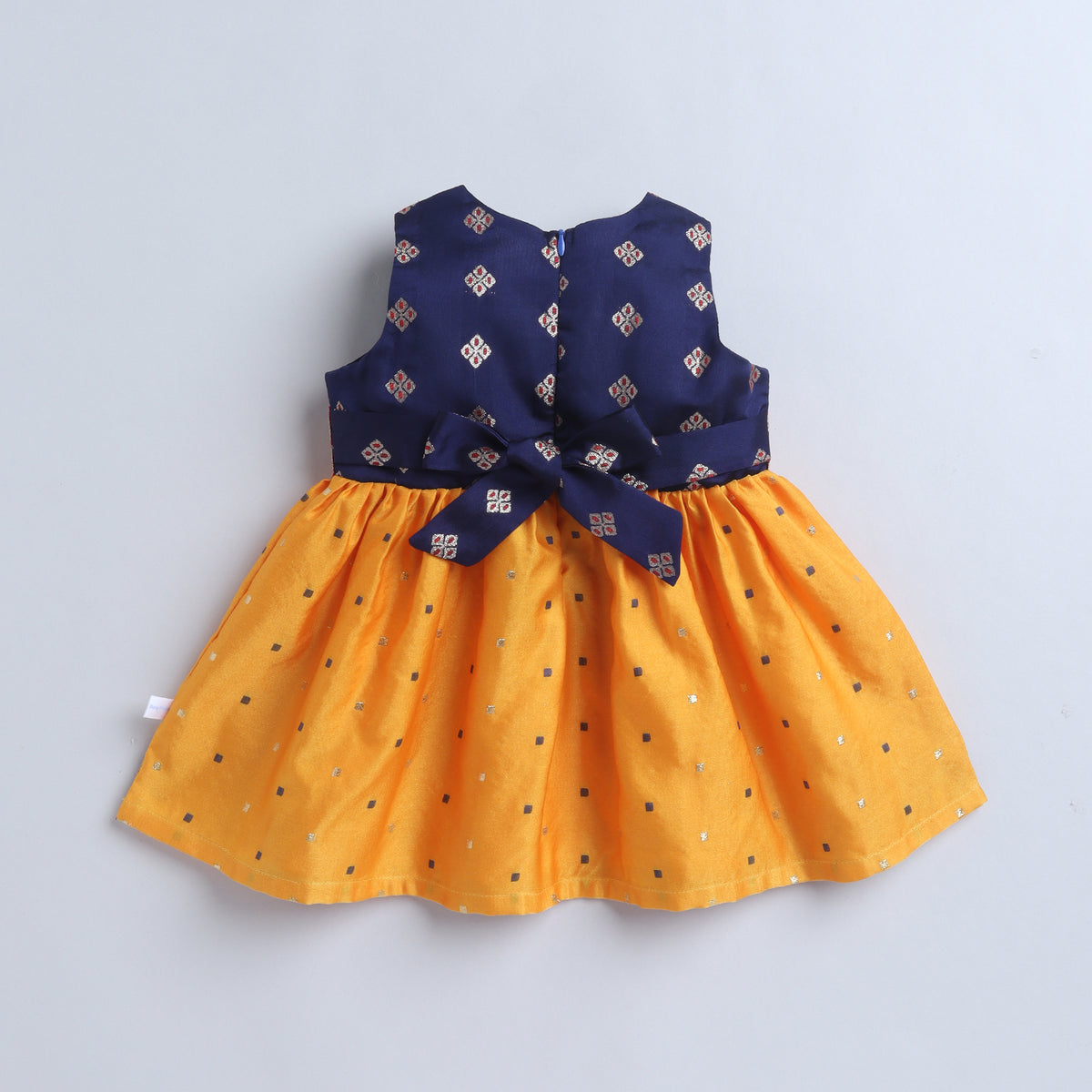 Many Frocks & Poly Silk Sleeveless Woven Boti Double Lace Embellished Knee Length Ethnic Dress- Mustard & Blue