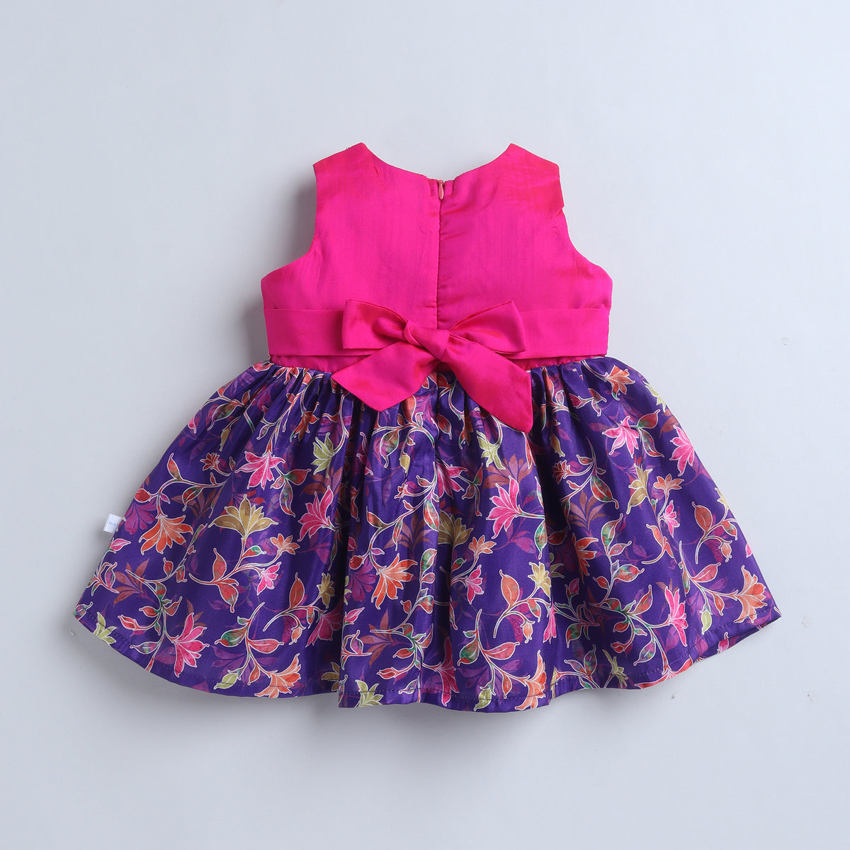 Many Frocks & Poly Silk Sleeveless Floral Printed  Lace Embellished Knee Length Ethnic Dress- Purple & Pink