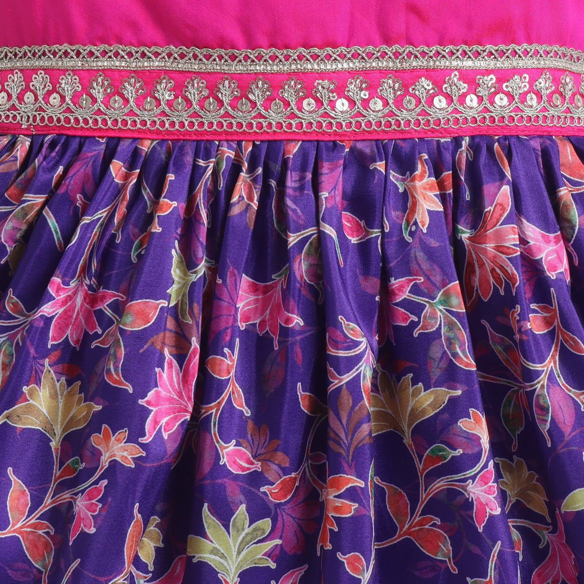 Many Frocks & Poly Silk Sleeveless Floral Printed  Lace Embellished Knee Length Ethnic Dress- Purple & Pink