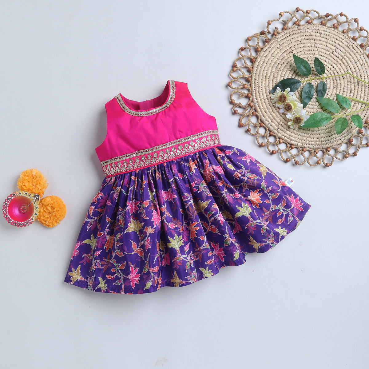 Many Frocks & Poly Silk Sleeveless Floral Printed  Lace Embellished Knee Length Ethnic Dress- Purple & Pink