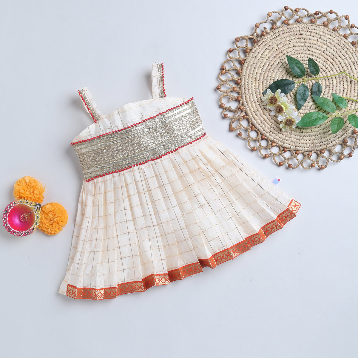 Many Frocks & Chanderi Sleeveless Woven Flower Double Lace Embellished Knee Length Ethnic Dress- Yellow