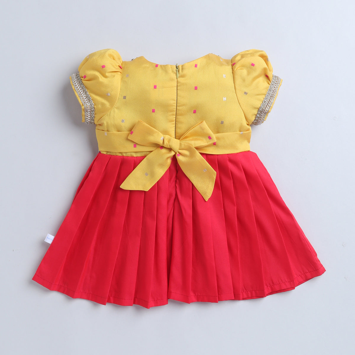 Many Frocks & Poly Silk Puff Sleeves Woven Boti  Lace Embellished Knee Length Ethnic Dress- Pink & Yellow