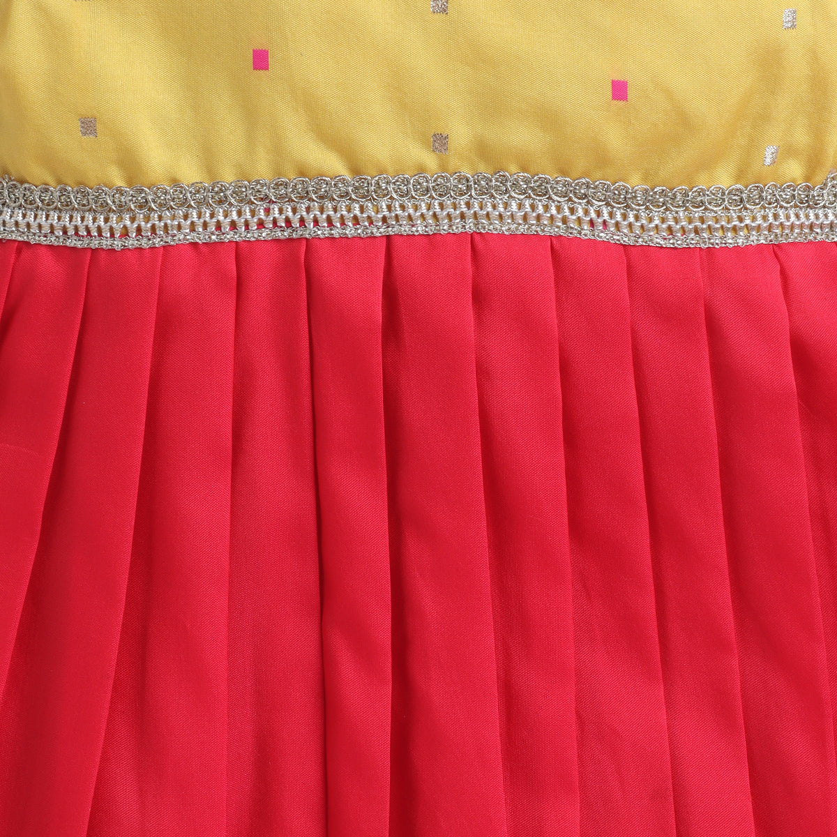Many Frocks & Poly Silk Puff Sleeves Woven Boti  Lace Embellished Knee Length Ethnic Dress- Pink & Yellow