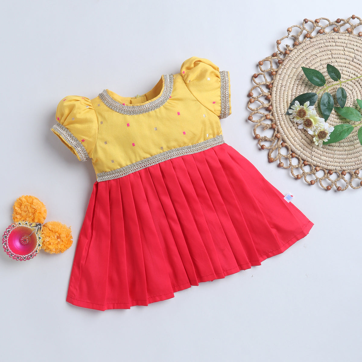 Many Frocks & Poly Silk Puff Sleeves Woven Boti  Lace Embellished Knee Length Ethnic Dress- Pink & Yellow