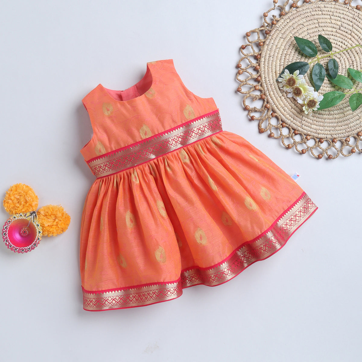 Many Frocks & Chanderi Sleeveless Woven Flower Double Lace Embellished Knee Length Ethnic Dress- Peach