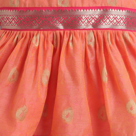 Many Frocks & Chanderi Sleeveless Woven Flower Double Lace Embellished Knee Length Ethnic Dress- Peach