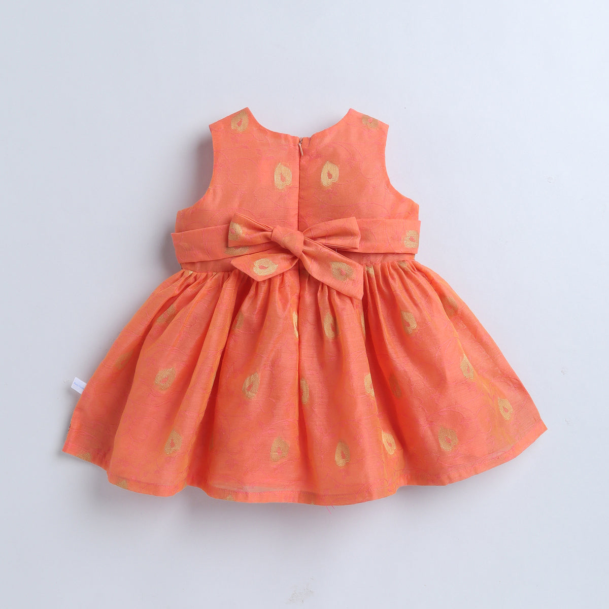 Many Frocks & Chanderi Sleeveless Woven Flower Double Lace Embellished Knee Length Ethnic Dress- Peach