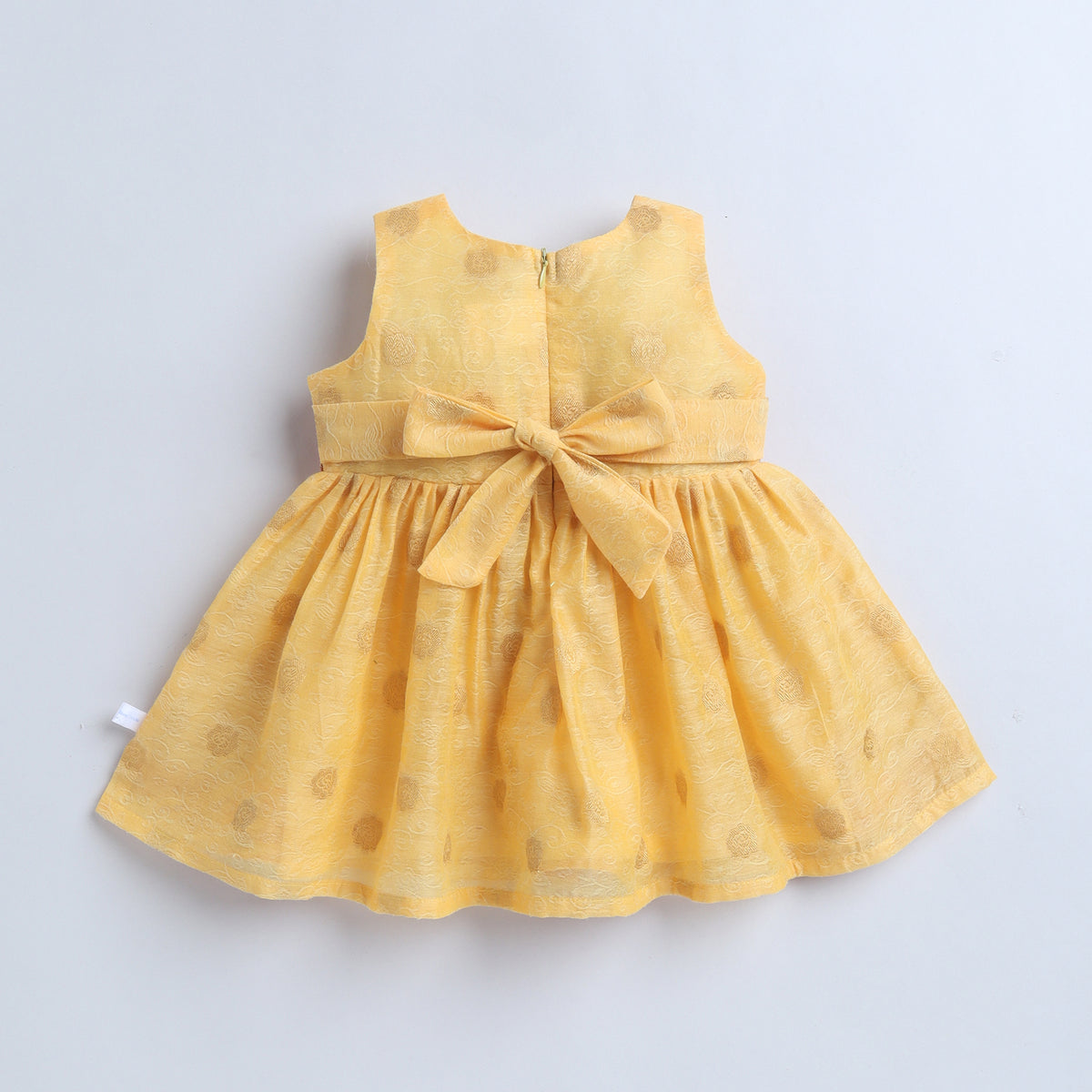 Many Frocks & Chanderi Sleeveless Woven Flower Double Lace Embellished Knee Length Ethnic Dress- Yellow