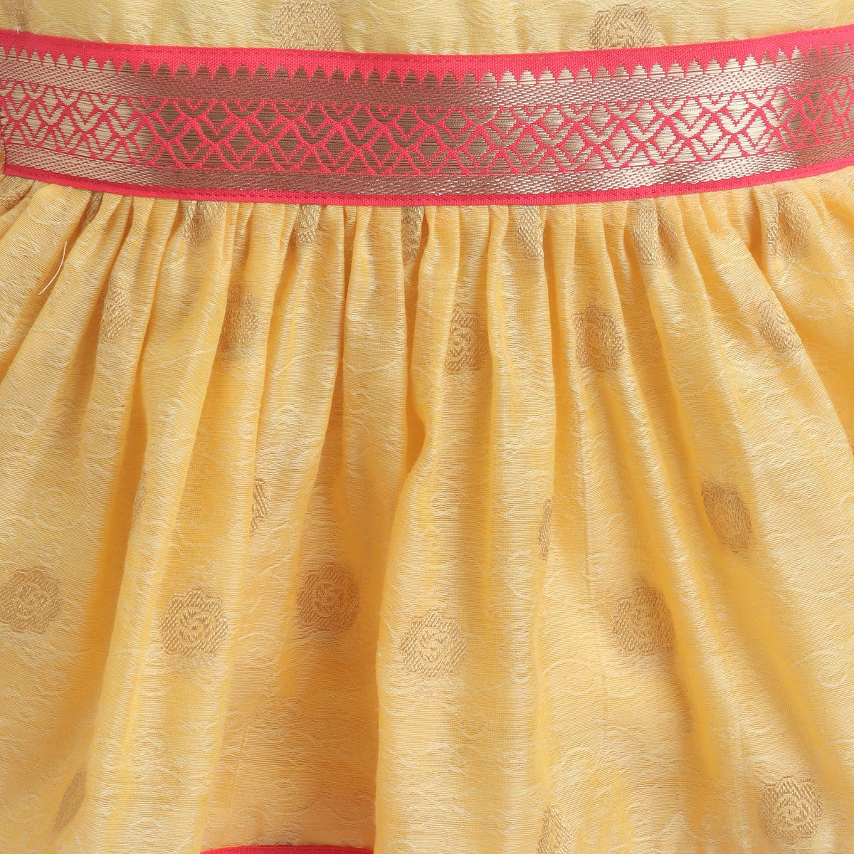Many Frocks & Chanderi Sleeveless Woven Flower Double Lace Embellished Knee Length Ethnic Dress- Yellow