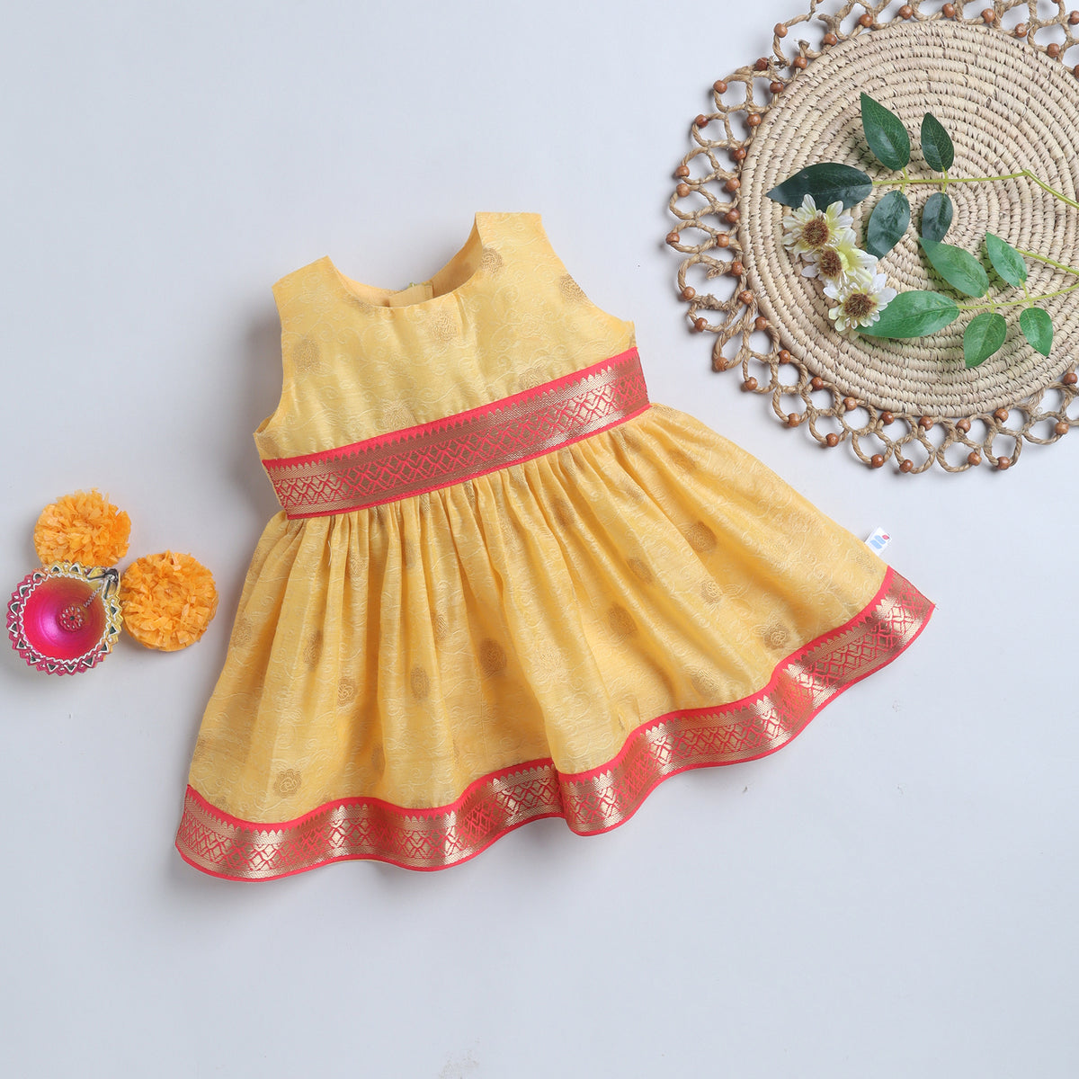 Many Frocks & Chanderi Sleeveless Woven Flower Double Lace Embellished Knee Length Ethnic Dress- Yellow