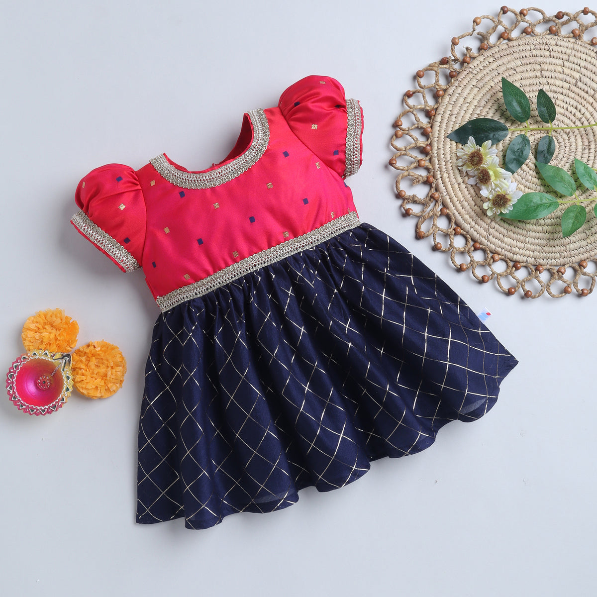Many Frocks & Chanderi Puff Sleeves Woven  Checks  Lace Embellished Knee Length Ethnic Dress- Blue & Pink