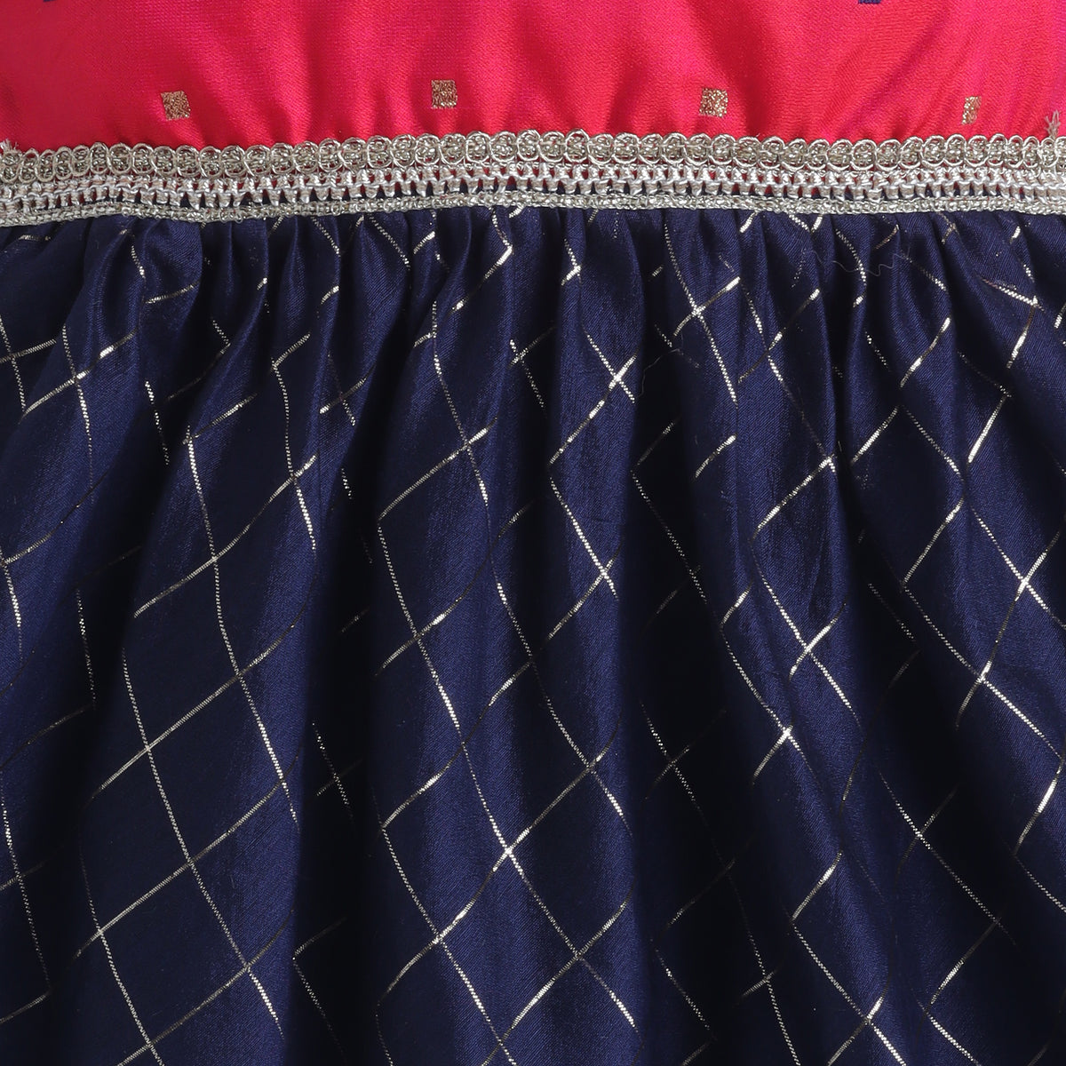 Many Frocks & Chanderi Puff Sleeves Woven  Checks  Lace Embellished Knee Length Ethnic Dress- Blue & Pink
