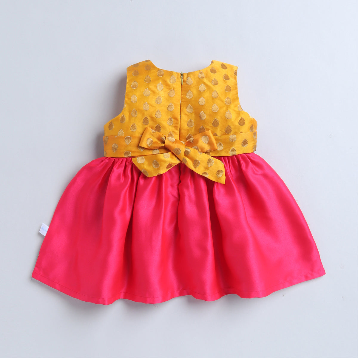 Many Frocks & Poly Silk Sleeveless Woven Boti Double Lace Embellished Knee Length Ethnic Dress- Pink & Mustard