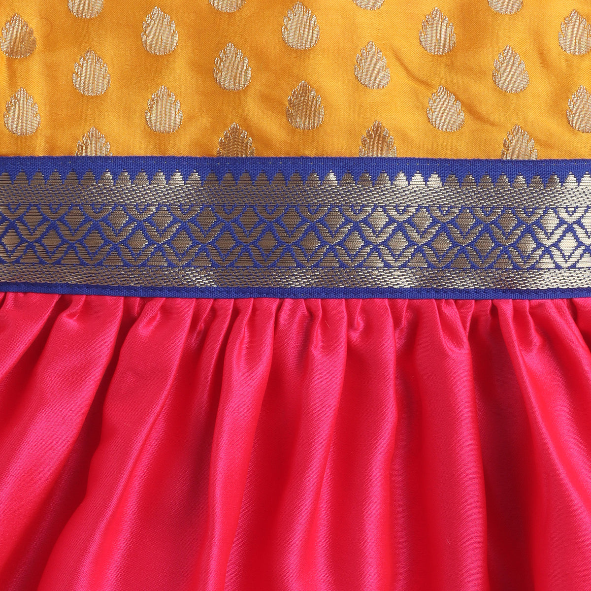 Many Frocks & Poly Silk Sleeveless Woven Boti Double Lace Embellished Knee Length Ethnic Dress- Pink & Mustard
